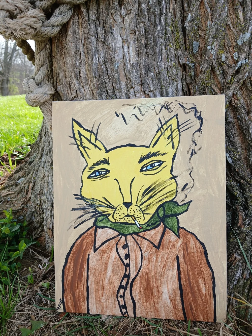 Smoking Cat Painting Folk Art - Picture 8 of 10